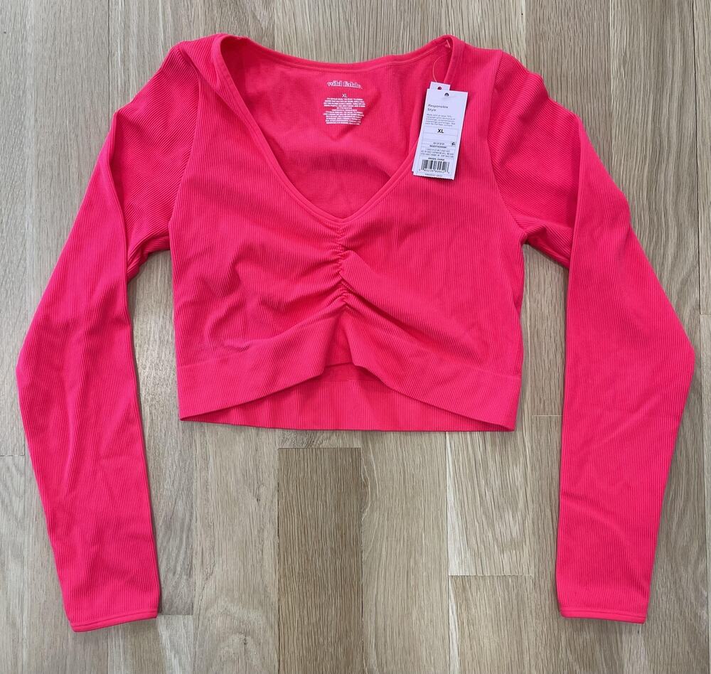NWT Wild Fable Shirt Womens XL Pink Cropped V-Neck Long Sleeve Slim Ruched